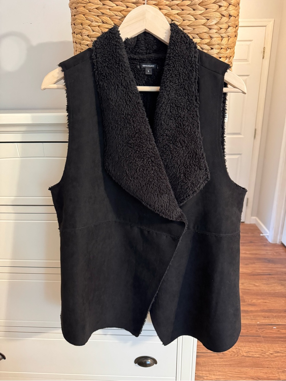 Stella & Dot Black Sherpa Faux Suede Open Front Vest Women’s Large